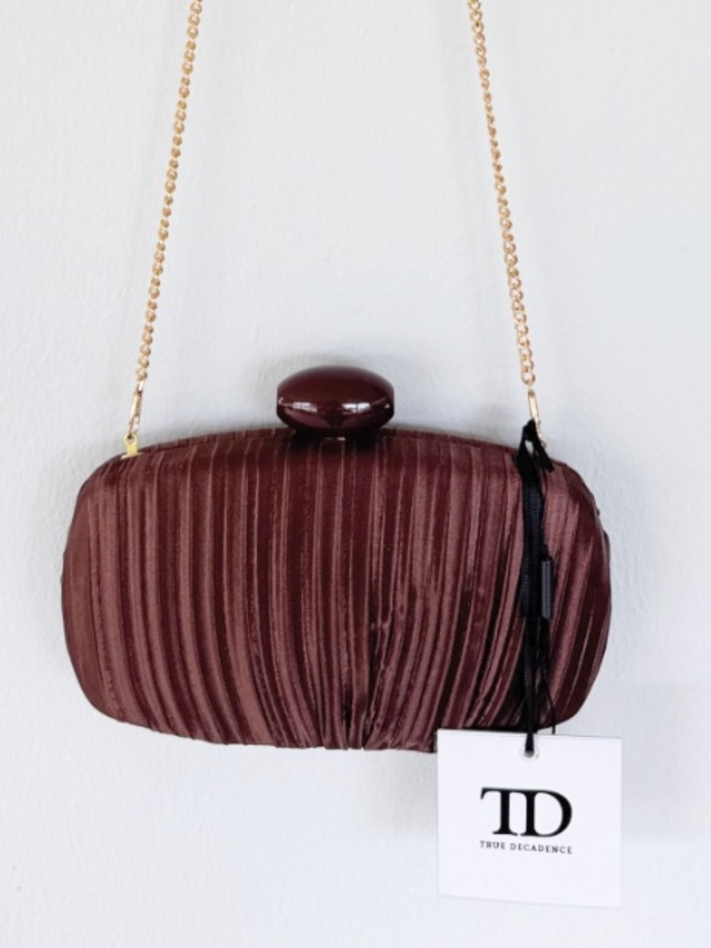 True Decadence brown satin pleated gold chain crossbody bag